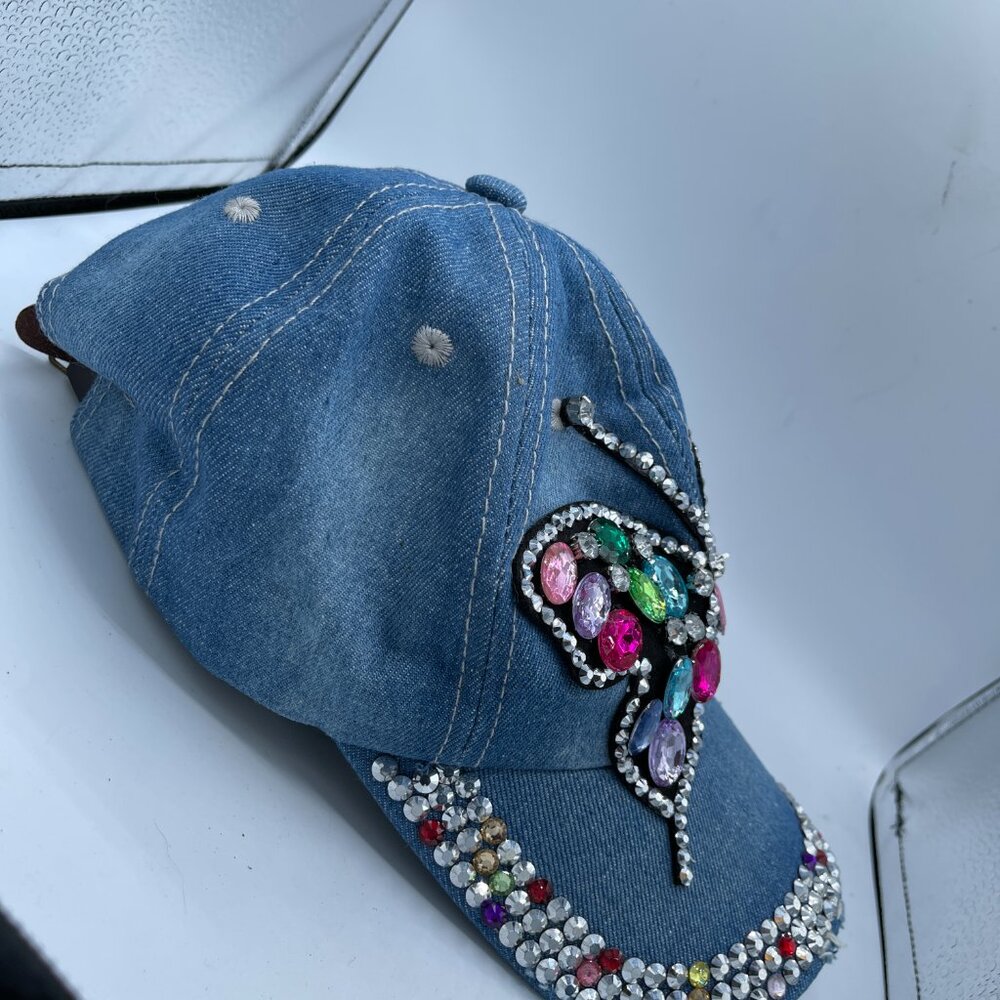 Alabama Girl Denim Butterfly Rhinestone Hat Y2K Bling Adjustable Cap - Picture 6 of 10